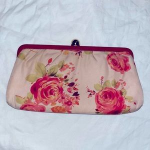 Banana Republic pink and red floral print silk clutch